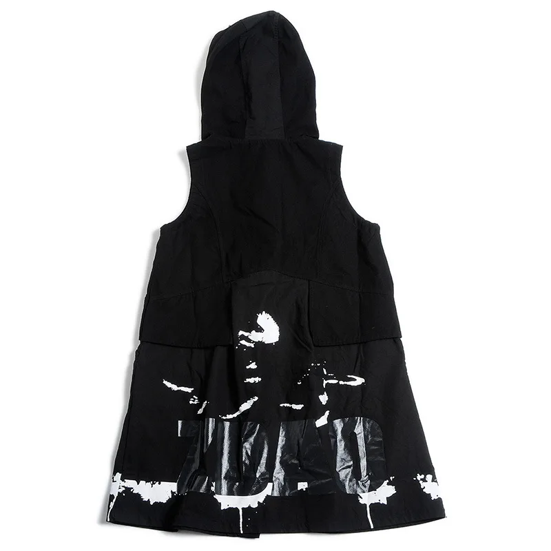 

IEQJ Women Black Big Size Print Long Vest New Hooded Sleeveless Loose Fit Fashion Tide Trendy Spring And Autumn 2021 3D0184