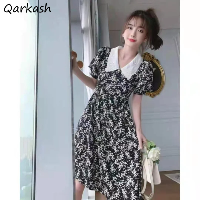 

Dress Women Retro Peter Pan Collar Casual Puff Short Sleeve Sweet Print Korean Style Stylish Daily Knee-length Ladies Vestidos
