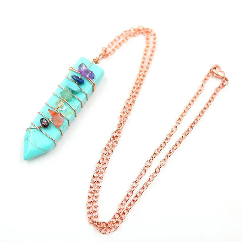 

FYJS Unique Rose Gold Color Wire Wrap Sword Shape Pendant Healing Balancing Necklace Green Turquoises Stone Jewelry