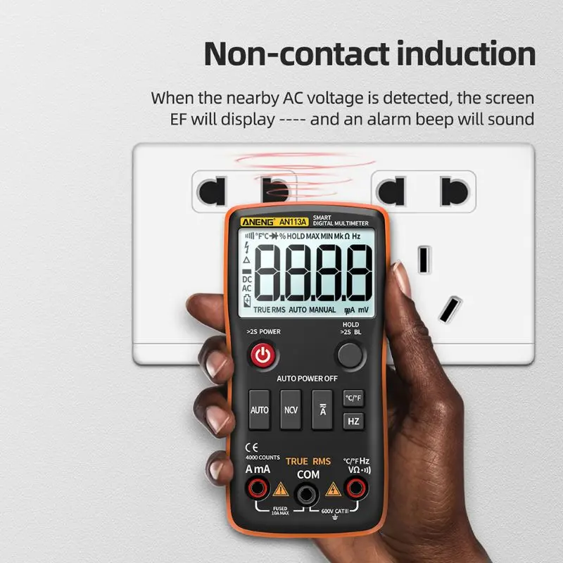 

Digital Multimeter True RMS with Temperature Tester 4000 Counts Auto Range AC/DC Transistor Voltage Current Multimeter W91B