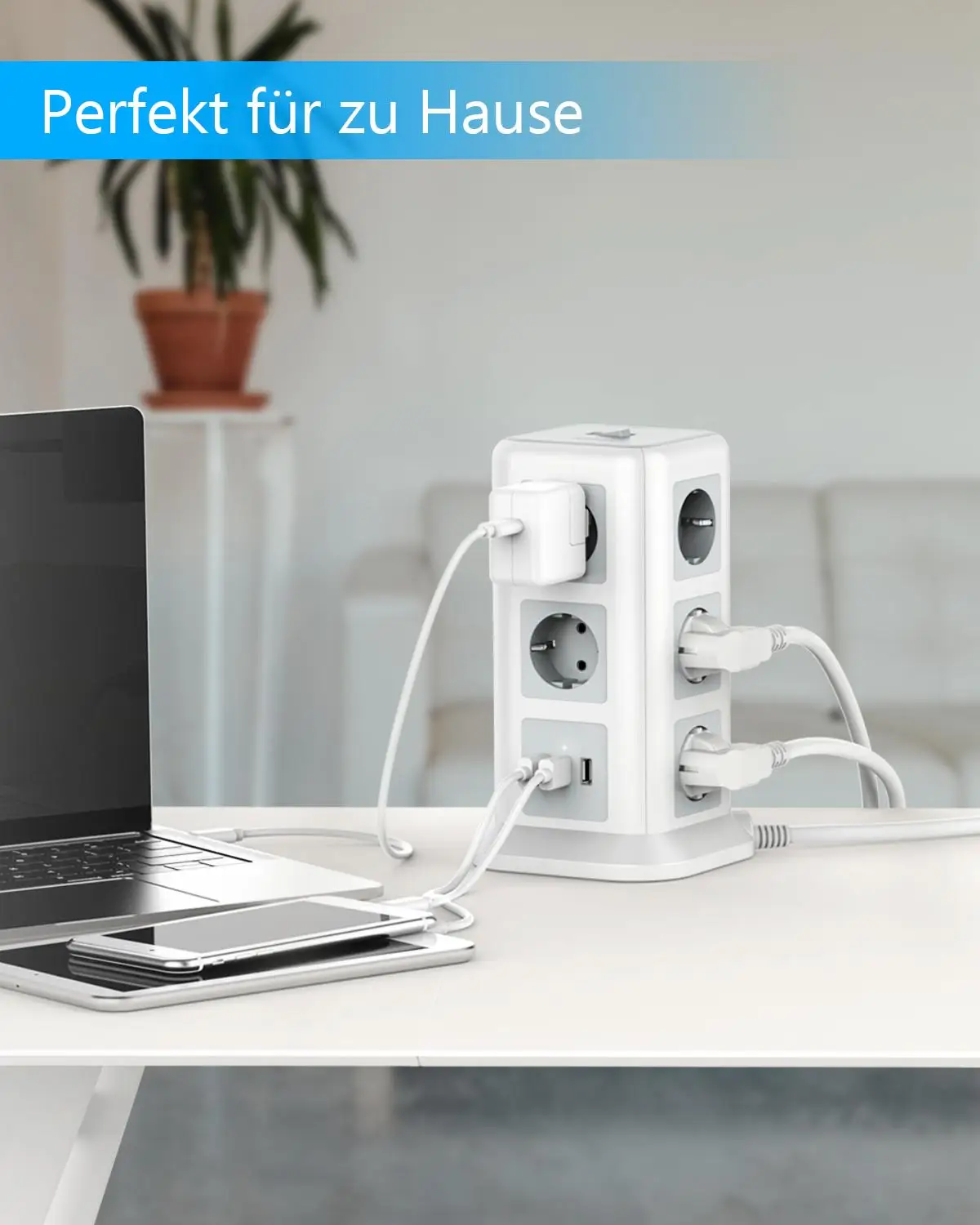 

Power Strip Tower With 11 Outlets And 3 Usb 2m/6.56ft Extension Cord Multiple Sockets Plug With Overload Protect