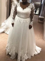plus size wedding dress appliques lace beading bellt illusion long sleeves v neck a line floor length bridal gown robe de marie