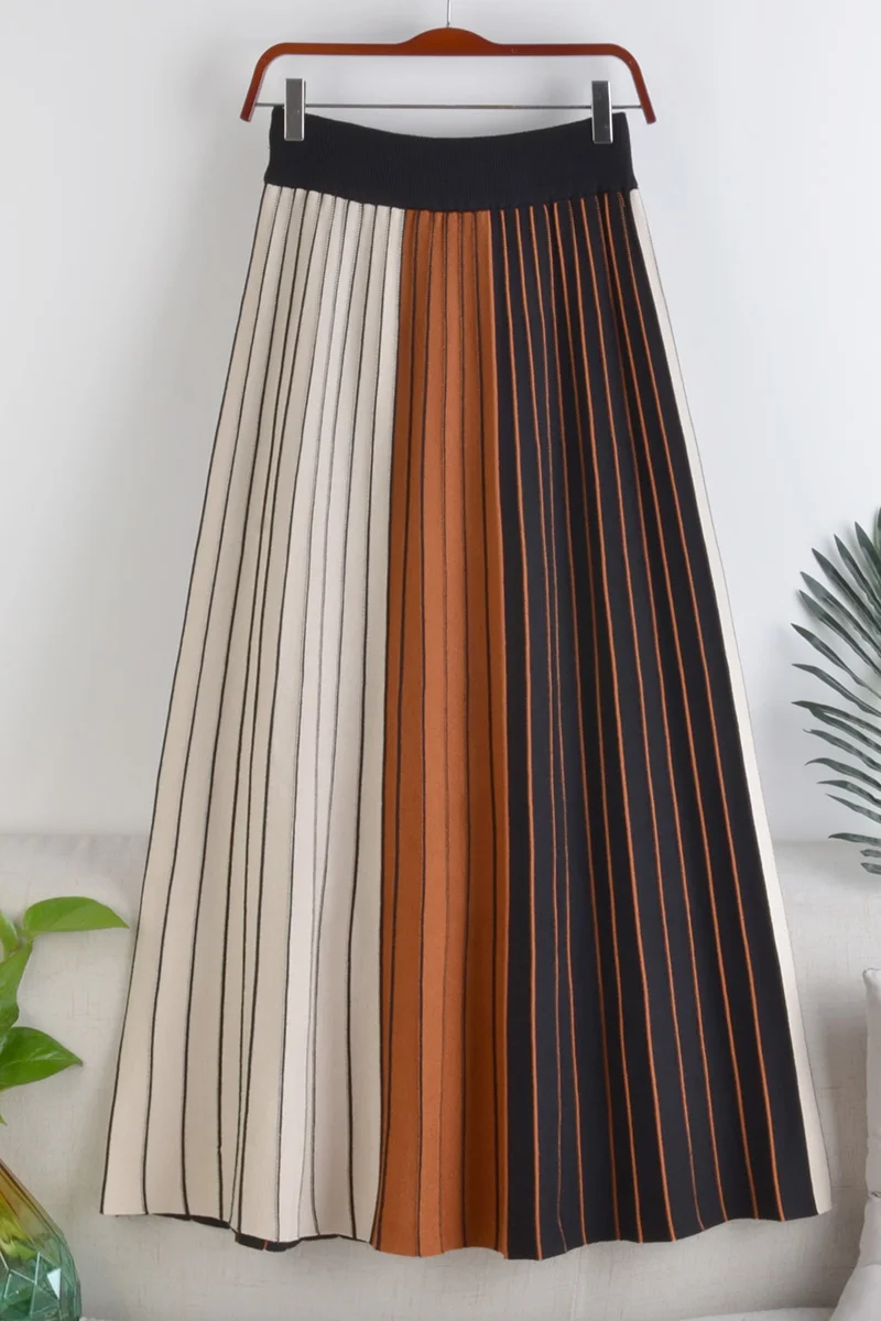 

Autumn Winter Women'S High-Waisted Skirt New Thin Elastic Waist Knitted Fabric Striped Pleated Color Matching Mid-Length Skirt