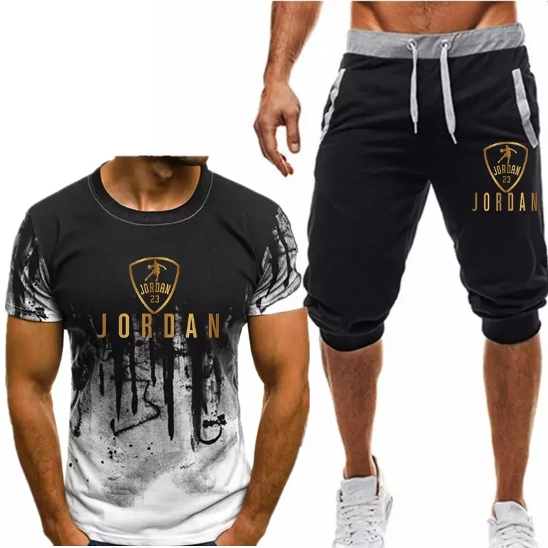 

2021Fashion Tracksuit For Men Summer Shorts Set Short Sleeve Andcasual Clothing Gym Clothes Men's Cropped Pants Suit