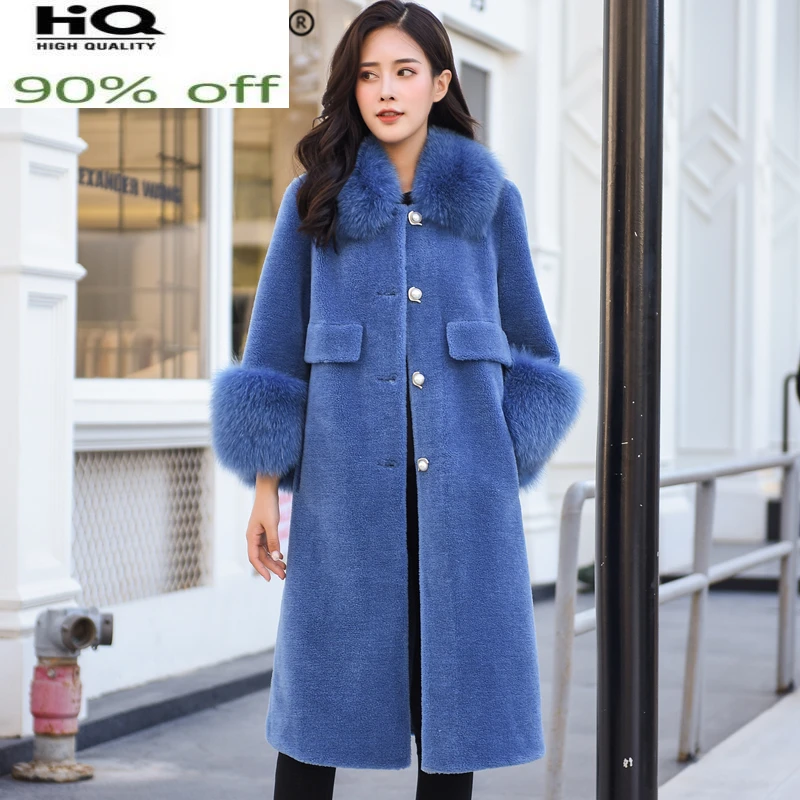 

Real Fur Coat Women Natural Fox Fur Collar Wool Jacket Female Clothes 2022 Korean Vintage Long Sheep Shearing Coats LL916