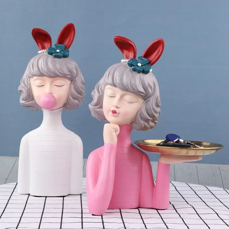 

Moden Girl Statue sculpture Crafts Creative Watch Keys Storage Tray Family Figurines Home Decoration accessories Wedding gifts