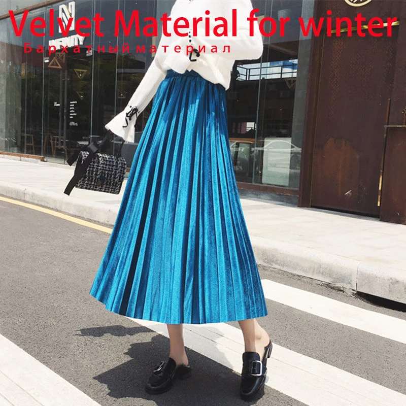 Осенне зимняя женская плиссированная юбка бархатная длинная с высокой талией и