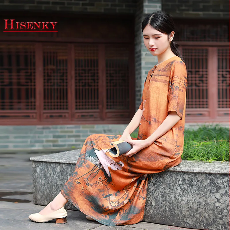 Hisenky 2019 Summer Chinese Style Dress Retro Ink Crane Printing Cotton Linen Women Dresses Slim Elegant Long Vestidos | Женская одежда