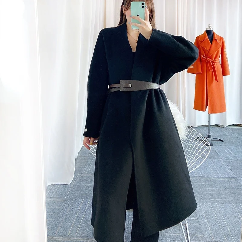 

Женское двухстороннее шерстяное пальто, однотонное пальто с лацканами и V-образным вырезом, на шнуровке, Осень-зима 2021