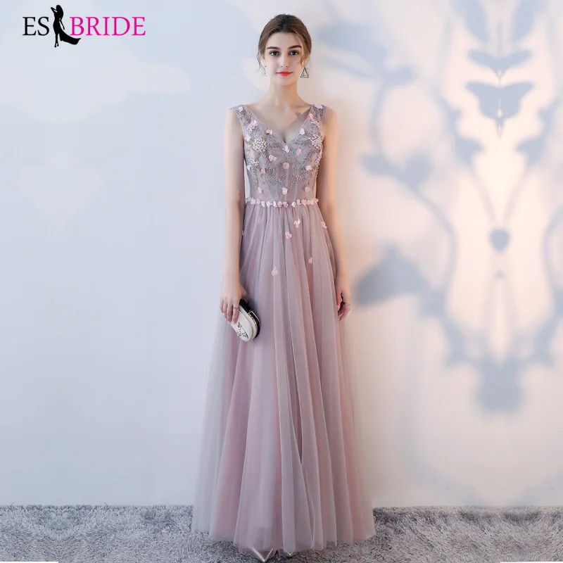 Evening Dresses Long ES1382-1 V-neck Tulle Lace Applique Sleeveless A-line Hot Selling Vestidos De Graduacion | Свадьбы и торжества