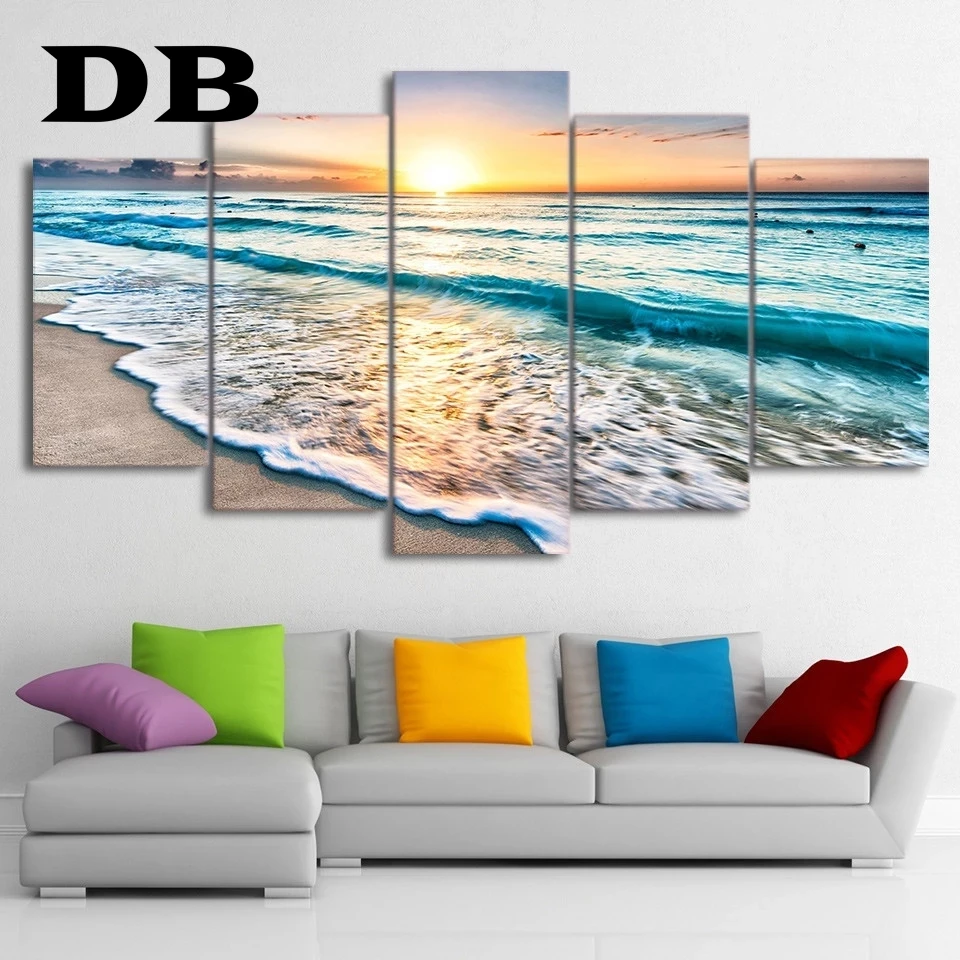 

5pcs Hd Modular Poster Modern Art Picture Waves On The Beach Sunset Sea View Office Living Room Bedroom Home Decor Frameless