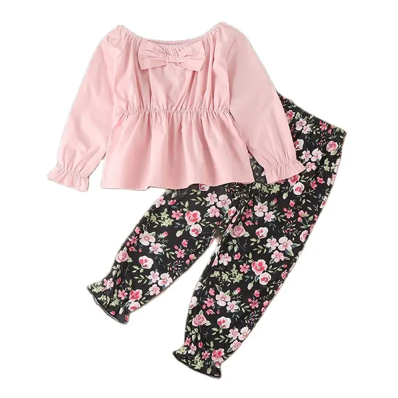 

Топ с бантом + штаны с цветочным принтом, 2 шт., одежда для маленьких девочек, 2022, Весенняя хлопковая милая детская одежда, комплекты, Детский П...