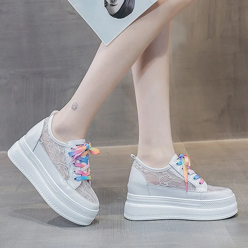 

High Quality Summer Women Shoes Breathable Mesh Sneakers Lace Platform Shoes Thick Heels Platform Wedges Casual Comfort Creepers