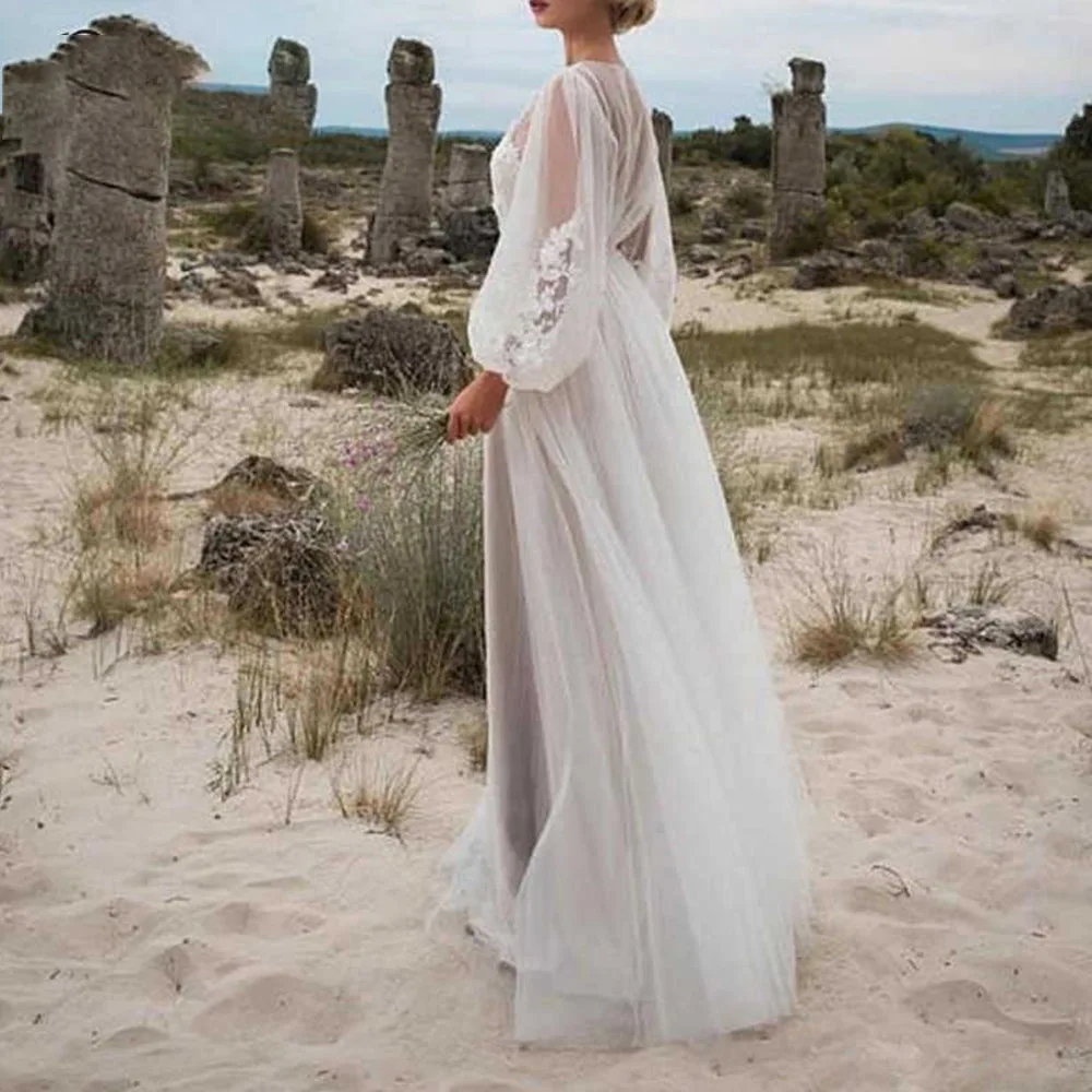 

2021 Summer New Round Neck Puff Sleeve Solid Color Net Yarn Embroidered Western Style Women's Dress Sexy Perspective