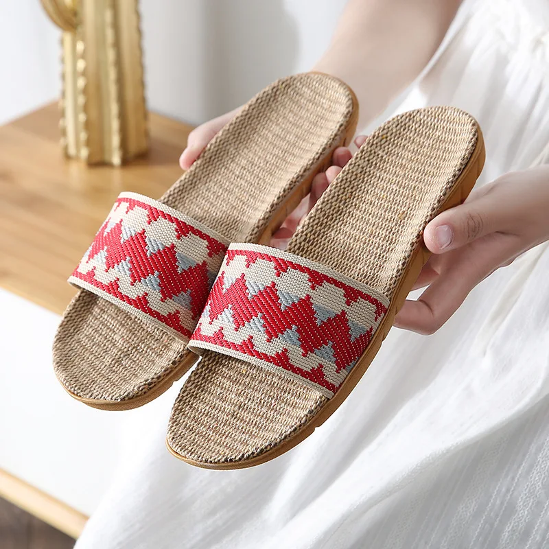 Summer slippers cotton and linen woven wood floor shoes home network red sand slippers indoor thick bottom