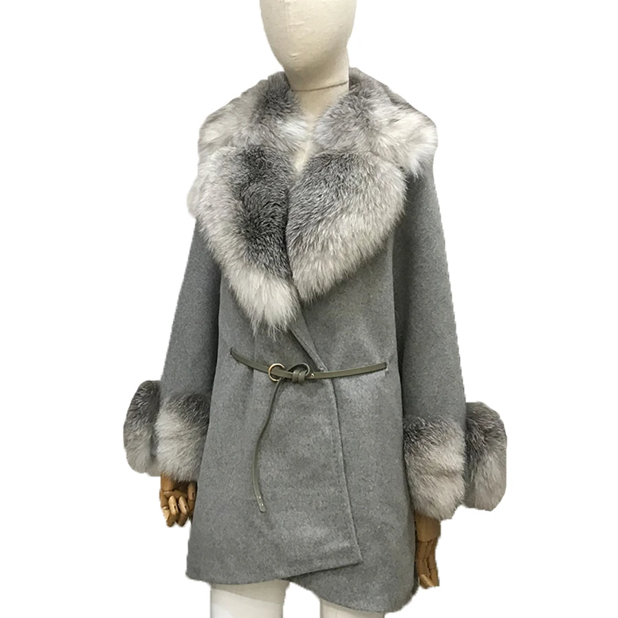 

Cashmere coat fur women Wool Blends Outwear Loose Version Jacket Shawl Collar With Fox Fur Trim fur jackets for women