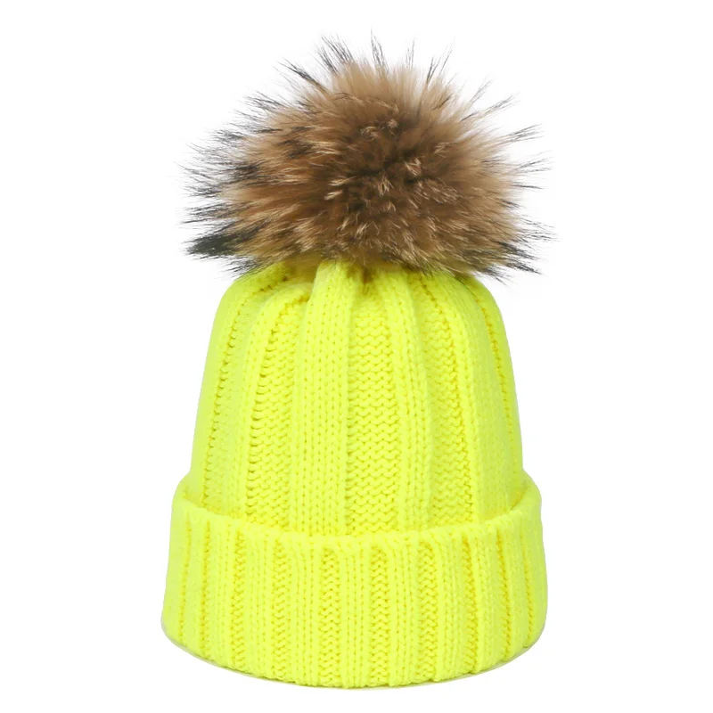 Women Autumn Winter Beanie Cap Female Acrylic Wool Hats With Real Fur Pompon Knit Windproof Outdoor Warm Fluorescent Beanie Hat - Цвет: D