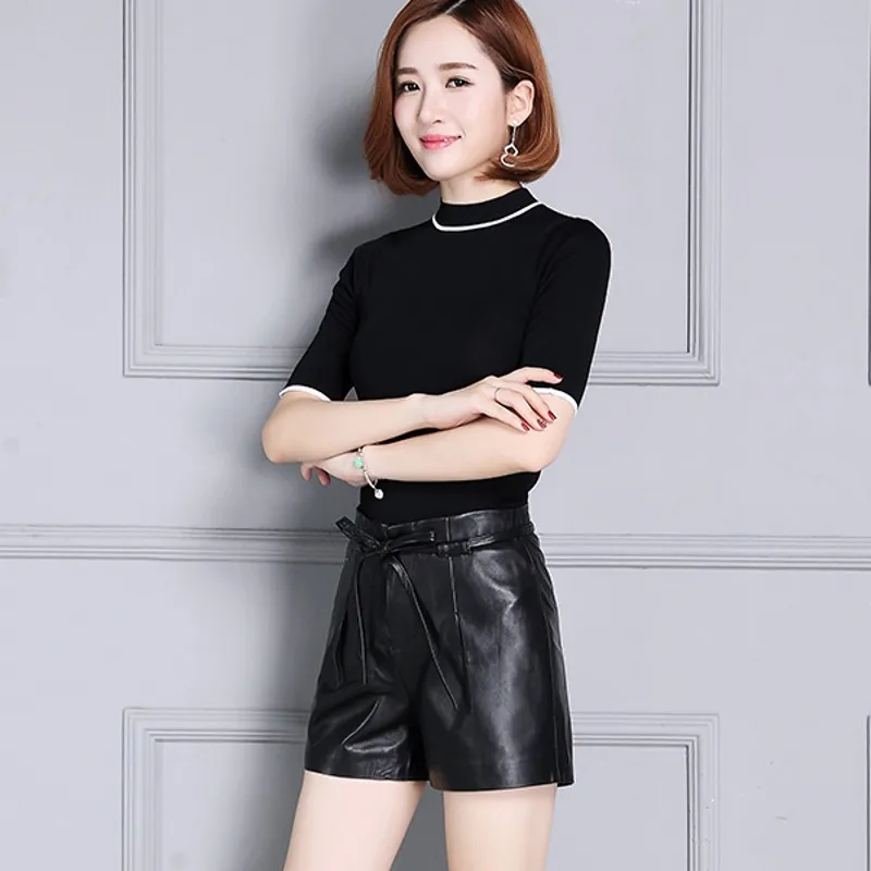 

New Office lady Punk Style Female Shorts Genuine Leather Streetwear Casual High Waist Drawstring Trousers Sheepskin Autumn Woman