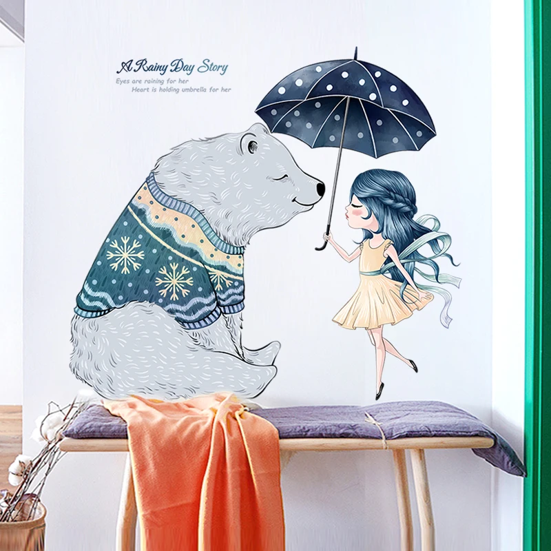 Настенные стикеры в спальню с изображением медведя и девушки обои креативная