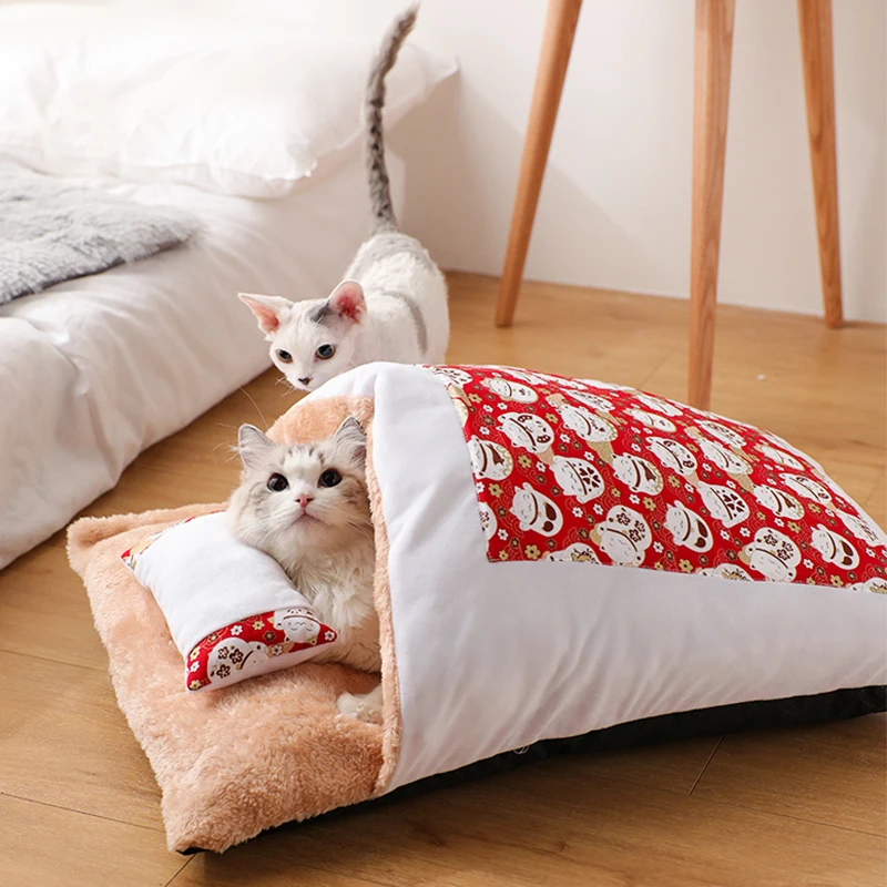 

Японская кровать для кошек, теплый спальный мешок для кошек, пещера для глубокого сна, зимний съемный коврик, кровать для домашних животных, Лежанка для кошек и собак, подушка с подушкой