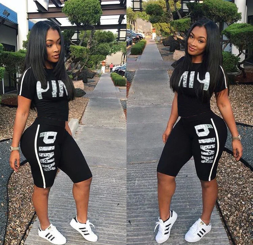 

Casual Pink Letter Print Women Two Piece Set 2019 New Summer Rompers Sexy Striped T-Shirts And Skinny Pants 2pcs Outfits