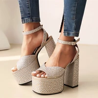 glitter diamonds ankle strap high chunky heel platform sandals shoes summer peep toe shoes pumps big size 43