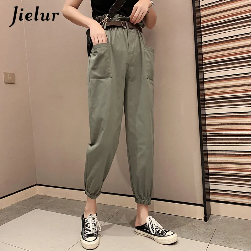 Брюки-карго Jielur женские с поясом однотонные шаровары эластичной высокой талией