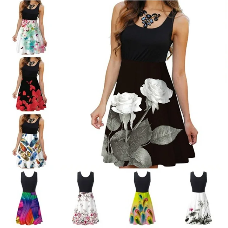 

Summer new women's round neck sleeveless fashion digital print dress