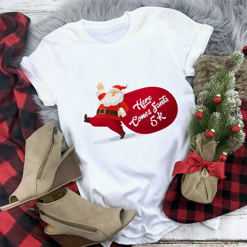 

2021 Happy New Year Christmas t shirt women fashion Christmas Harajuku Short Sleeve t shirt White Tshirt Tops woman clothing