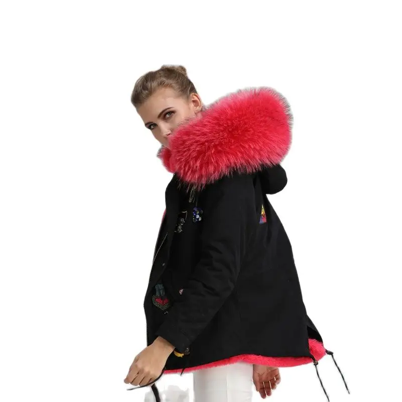 Меховая парка с бусинами женская верхняя одежда персиково Красная Женская мехом
