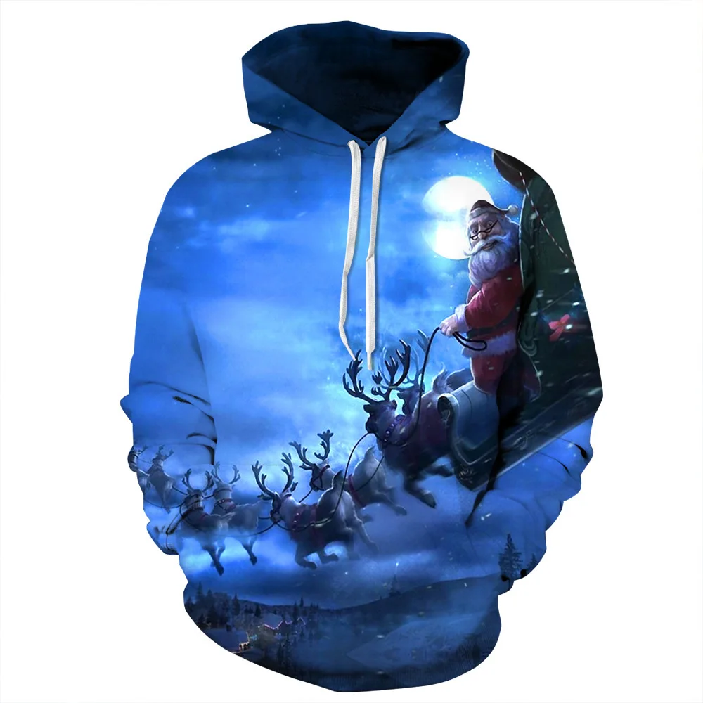 

Unisex Christmas Santa Claus Reindeer 3D Digital Print Loose Hooded Sweater Pullover Women Men Xmas New Year Sweatshirt Hoodie