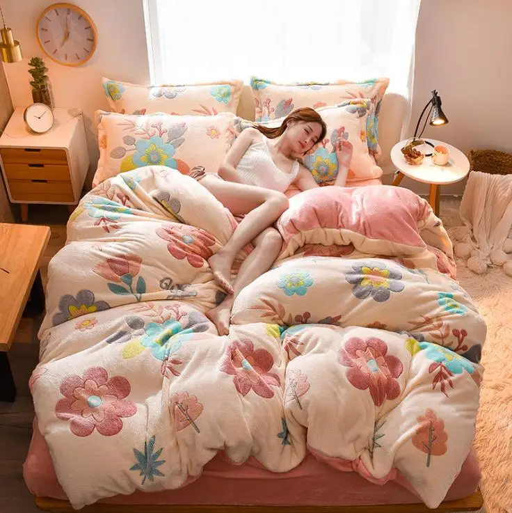J Winter Flannel Fleece duvet cover single Comforter cover Home textile 1pc cartoon Solid warm quilt cover Velvet bedcover - Цвет: J