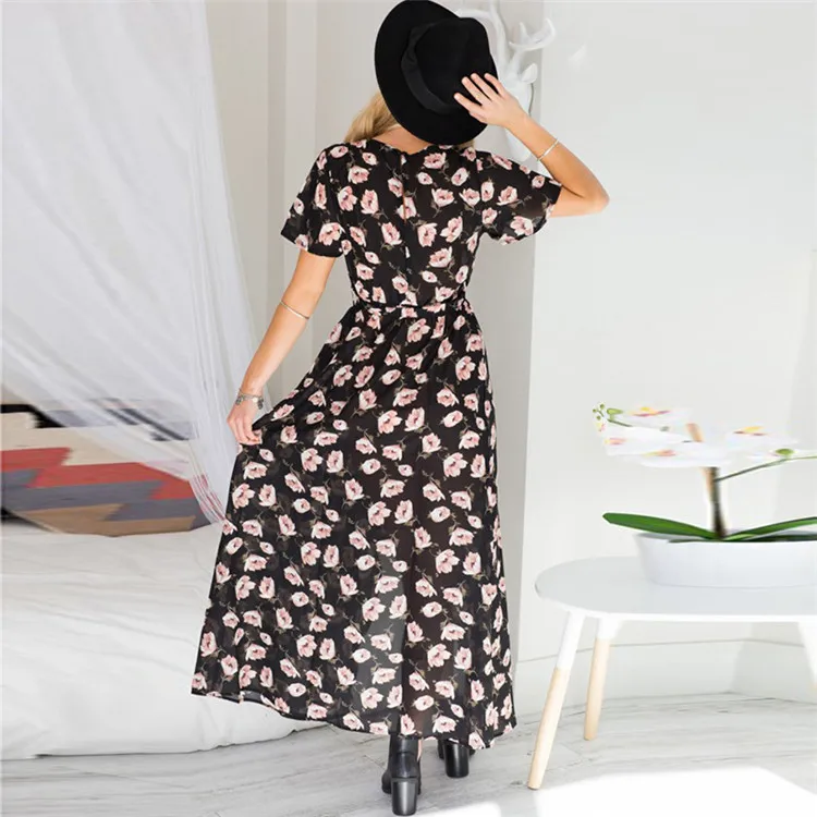 

2020 dress women's fashion sexy spring and summer models retro floral print V-neck slit dress beach dress