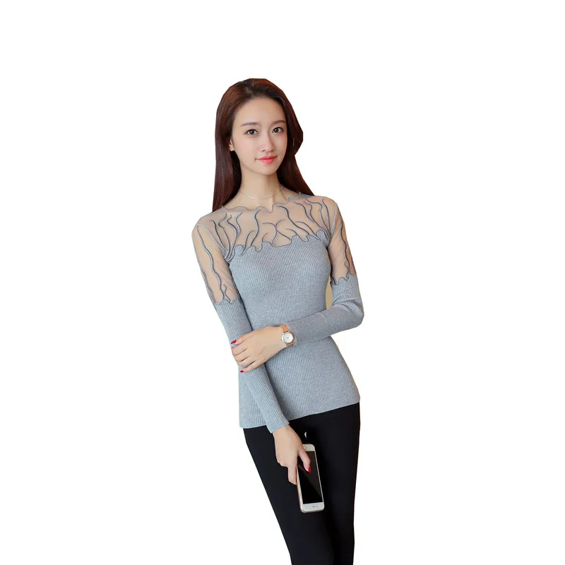 

Black Sweater Women Half Turtleneck Long Sleeve Pullovers Lace Patchwork See Through Slim Knit Tops Korean Fashion