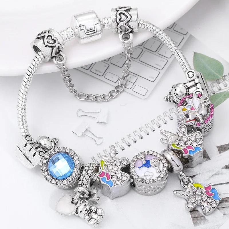 Kawaii Mickey, Круглые Эмалированные Симпатичные Бусины, европейский браслет, любовь, браслеты с изображением единорога, безопасная цепочка, браслеты для женщин, девочек, детей, ювелирные изделия