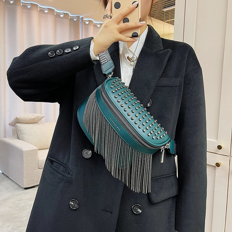 Роскошная женская нагрудная сумка с кисточками модная вместительная кожаная