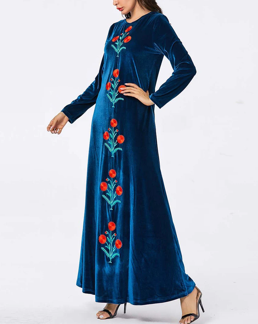 2021 New Muslim Abaya Clothing Velvet Dresses Embroidery Flowers Fashion Loose Plus Size Long sleeve Evening Maxi Dress Ladies |