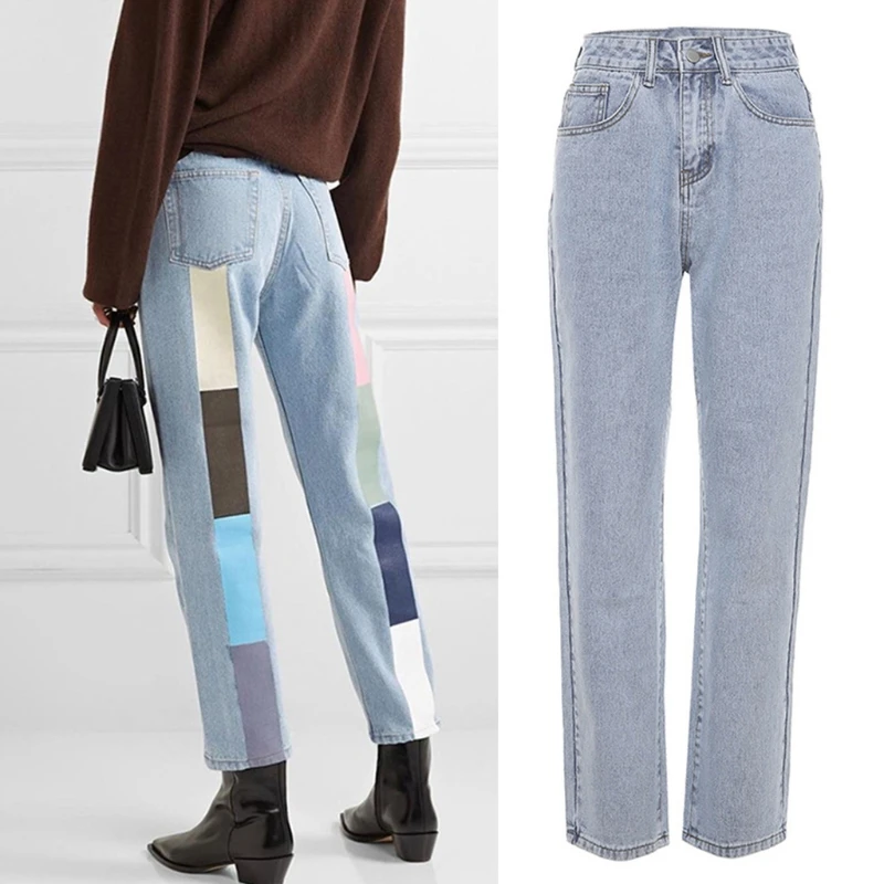 

Women High Waist Jeans Aesthetics Contrast Color Striped Print Denim Pants Loose Straight Leg Trousers with Pockets