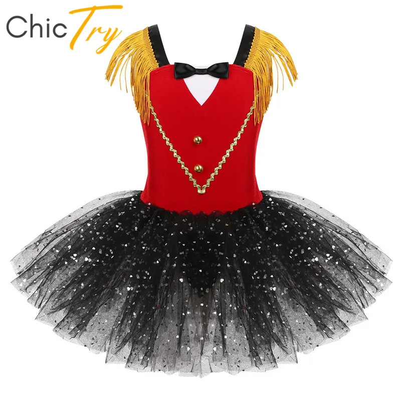 

Kids Performance Dance Wear Tassel Sequins Mesh Tutu Ballet Dress Gymnastics Leotard Girls Halloween Ringmaster Circus Costume