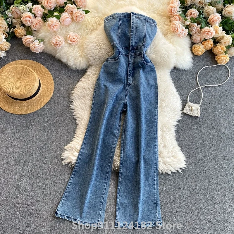 

Женский джинсовый комбинезон без бретелек, повседневный Облегающий комбинезон с высокой талией и широкими штанинами в гонконгском стиле д...