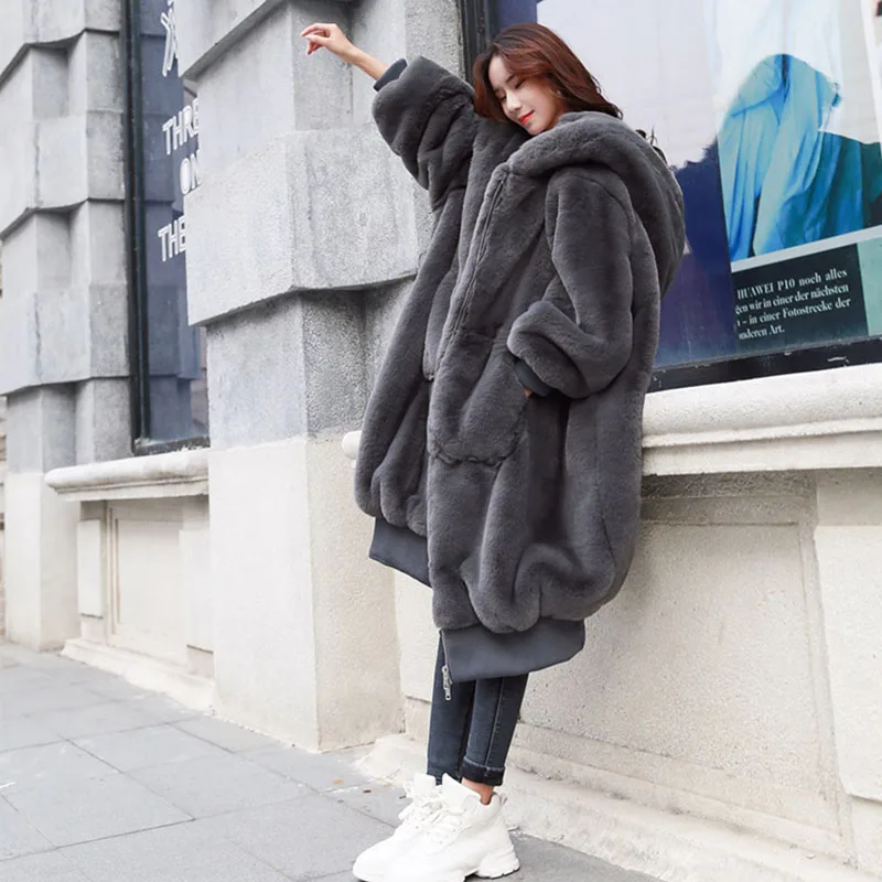 2020 Gray Coat Women's Autumn Winter New Rex Rabbit Fur Thickened Outwear Long Zipper Long Sleeve Hooded Fur Coat Female E456