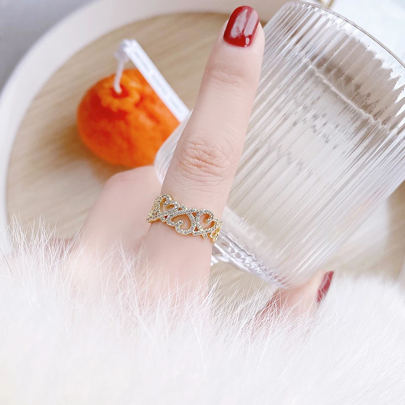 

Korean Trendy 14k Real Gold Jewelry Hollow French Heart Wave Rings for Women Adjustable Open Design Micro Inlay AAA Shiny Zircon