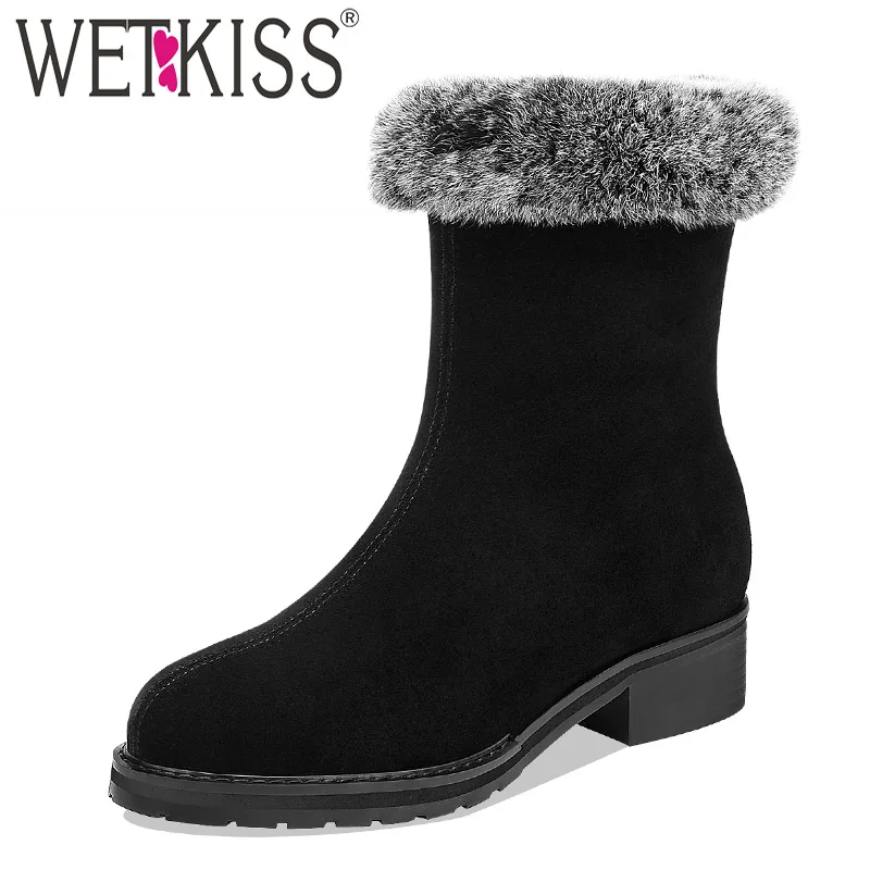 WETKISS/зимние ботинки из коровьей замши; женские ботильоны на низком каблуке; обувь на меху на молнии; женская повседневная обувь с круглым носком; женская зимняя обувь; Новинка года