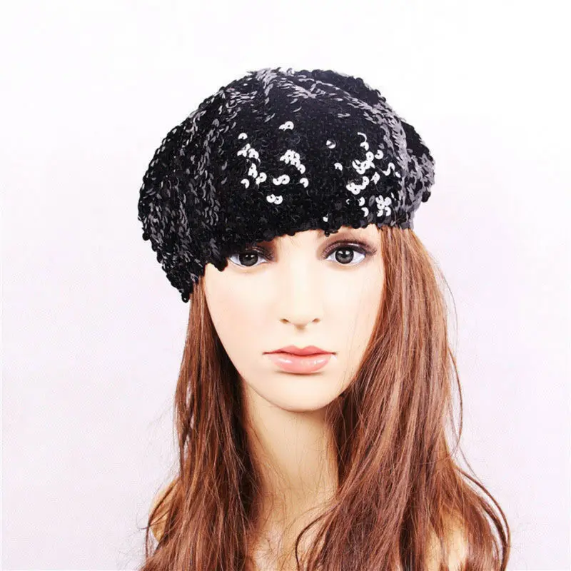 Для женщин блесток Bling cap стрейч бини металлик блестящая французская шляпа берет
