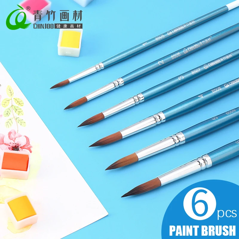 

CHINJOO 6 Size Round Point Tip Premium Nylon Hair Artist Paint Brush Set Watercolor Acrylic Inks Gouache Oil Painting Supplies