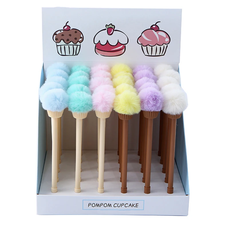 12Pcs Elegant Kawai Pom Ice Cream Pens Cute Fluffy Furry Food Cone Pen Funny Kawaii Blue School Cool Girl Plush Stationery Thing