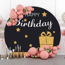 Laeacco Circle Backdrop For Photography Happy Birthday Golden Gifts Stars Sweet Birthday Party Round Background Photo Studio