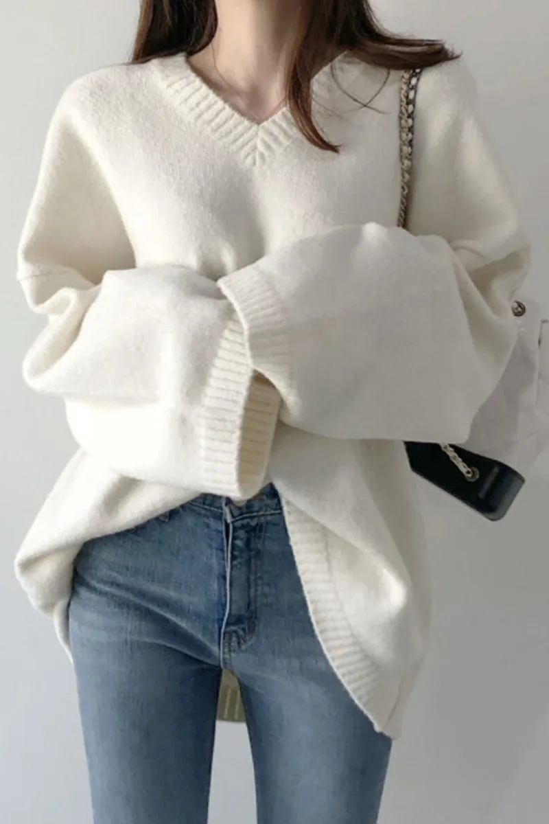 

Autumn Korean Lazy Wind Chic Sweaters Women Fashion V Neck Drop Shoulder Solid Color Loose Elegant Outwear Jumpers for Female