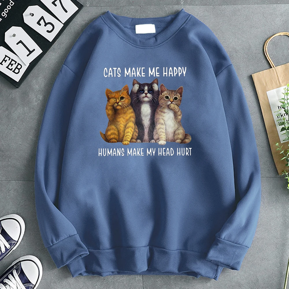 

Man Sweatshirt Cats Make Me Happy Print Hoodie Autumn New Loose Pocket Sweatshirts Hooded Anime Punk Style Vintage Men Clothing
