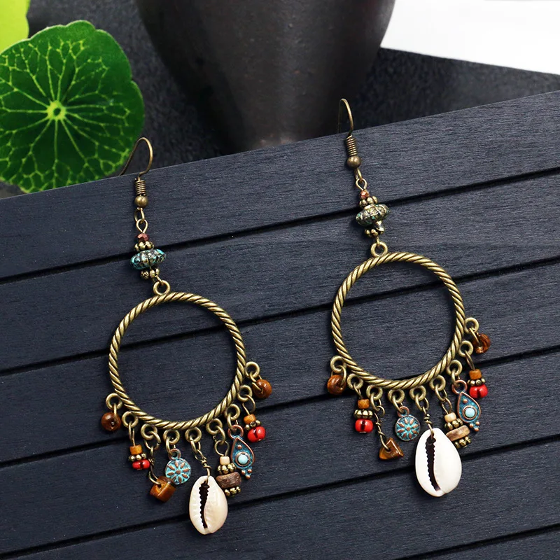 

Retro New Tassel Earrings Women's India Large Circle Geometric Ring Shell Flower Turquoise Accessories Gift
